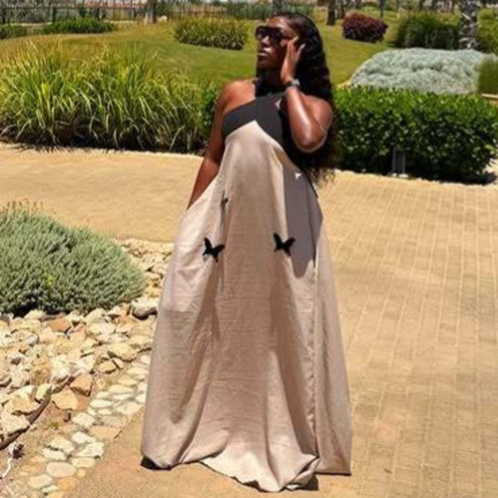 African Sexy Colorblock Halter Maxi Butterfly Print Dress